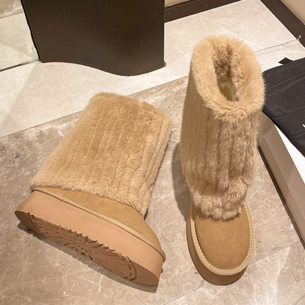 ボリュームファー厚底ロングブーツ