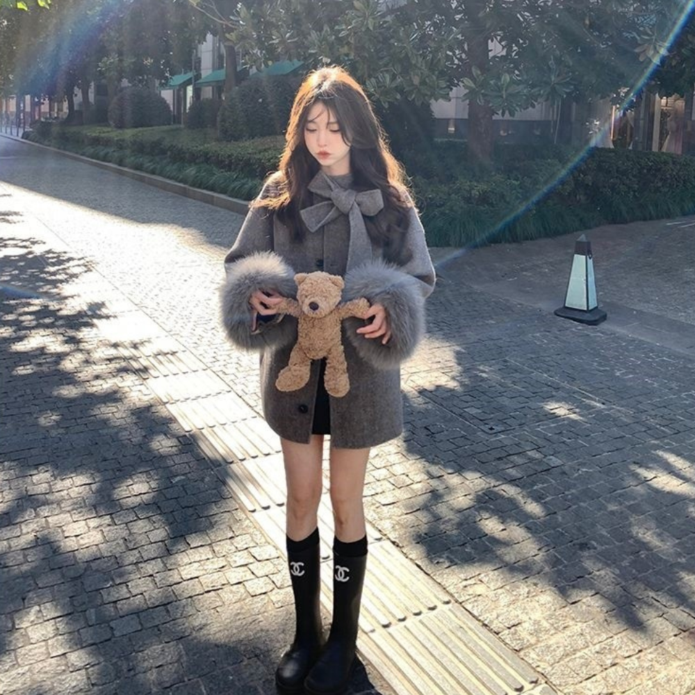 リボンファーショートコート