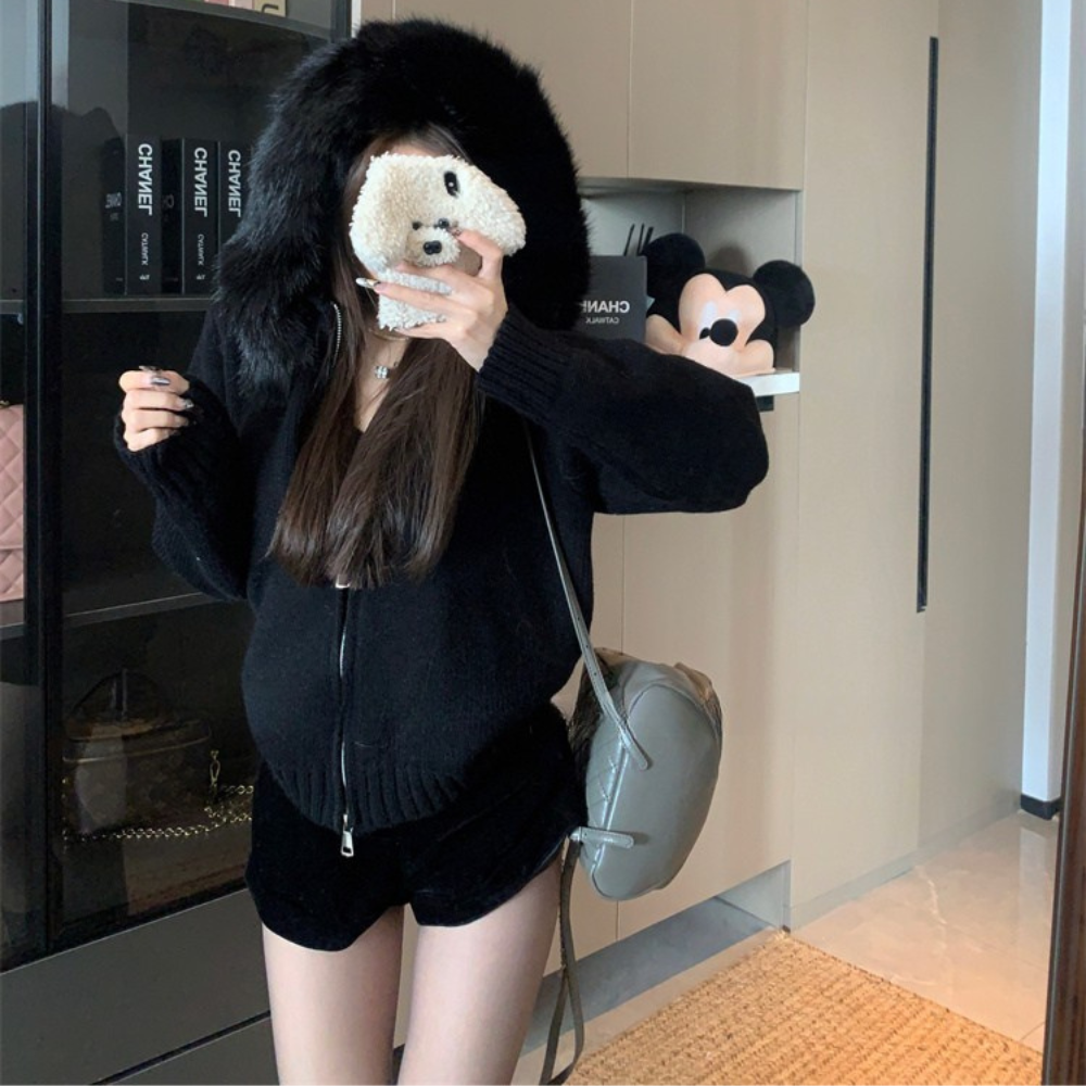 ファーフードニットブルゾン