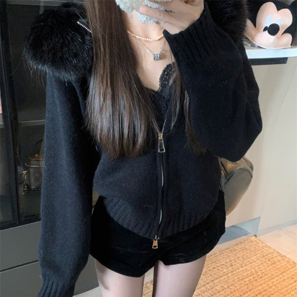 ファーフードニットブルゾン