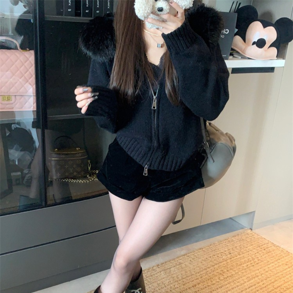 ファーフードニットブルゾン