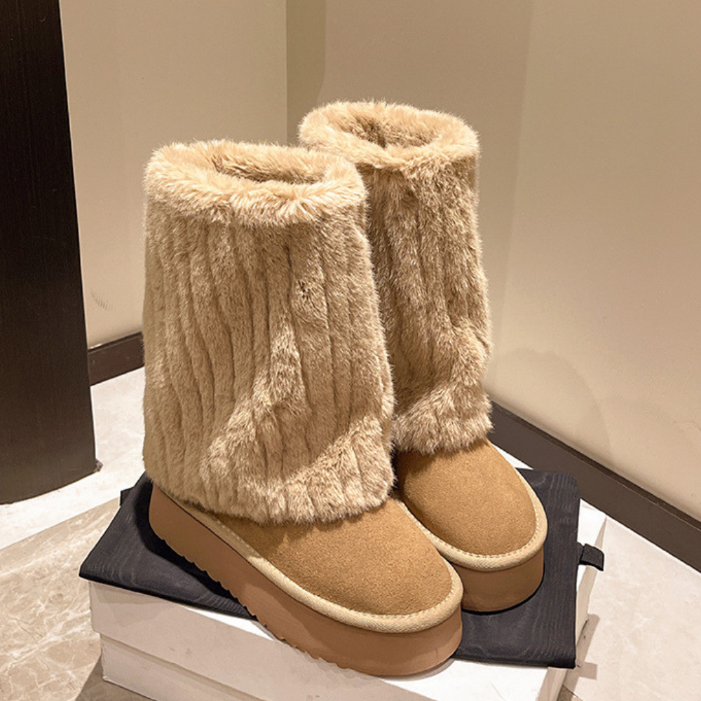 ボリュームファー厚底ロングブーツ