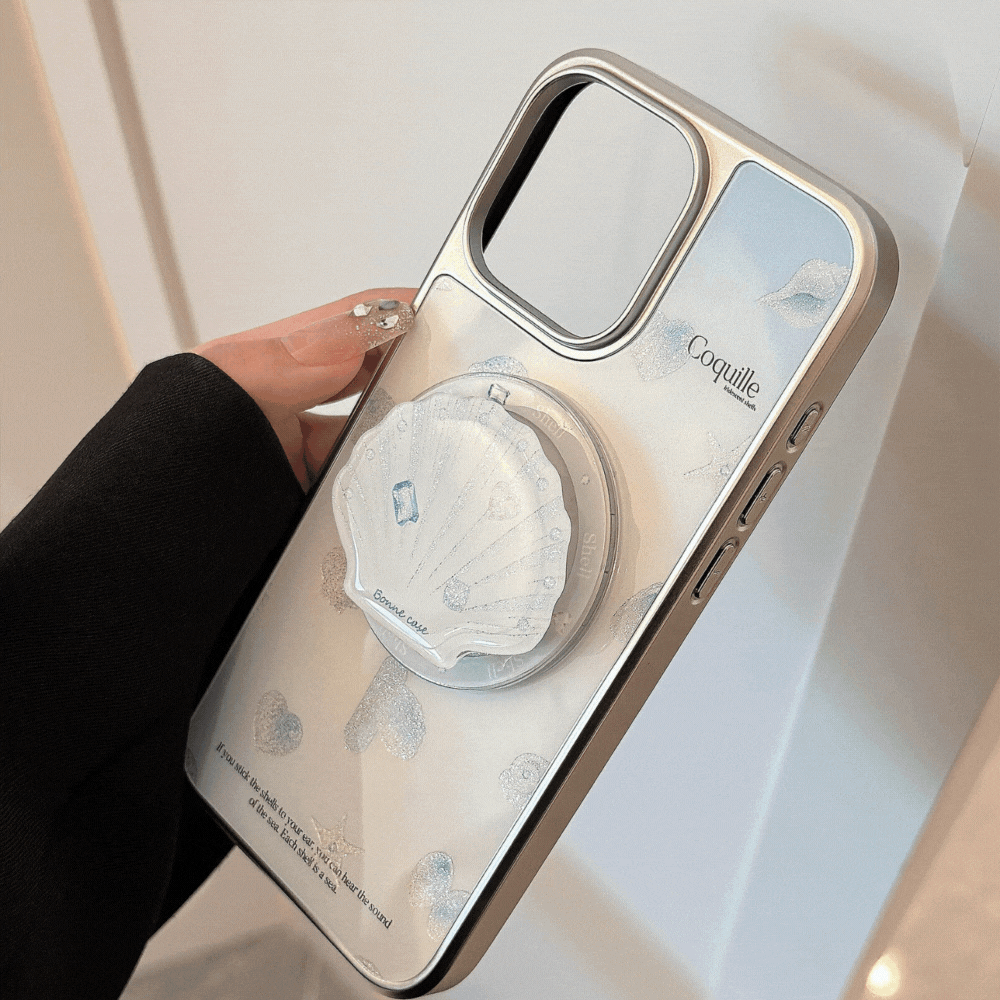 【MagSafe対応】シェルモチーフ＆キラきらラメ｜グリップ付きiPhoneケース