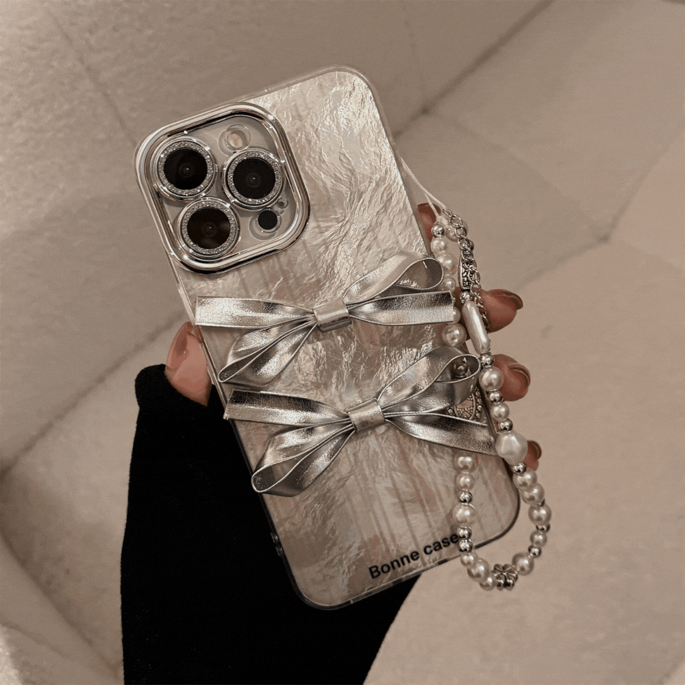 シルバーリボン×パールチャーム｜大人かわいいiPhoneケース