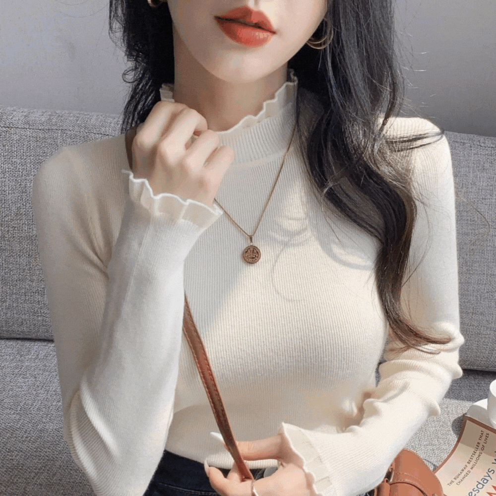 フリルネックリブニット｜上品スリムフィットトップス