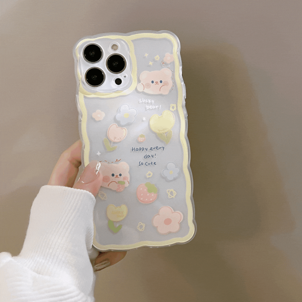 くま＆フラワー｜波打ちデザインiPhoneケース