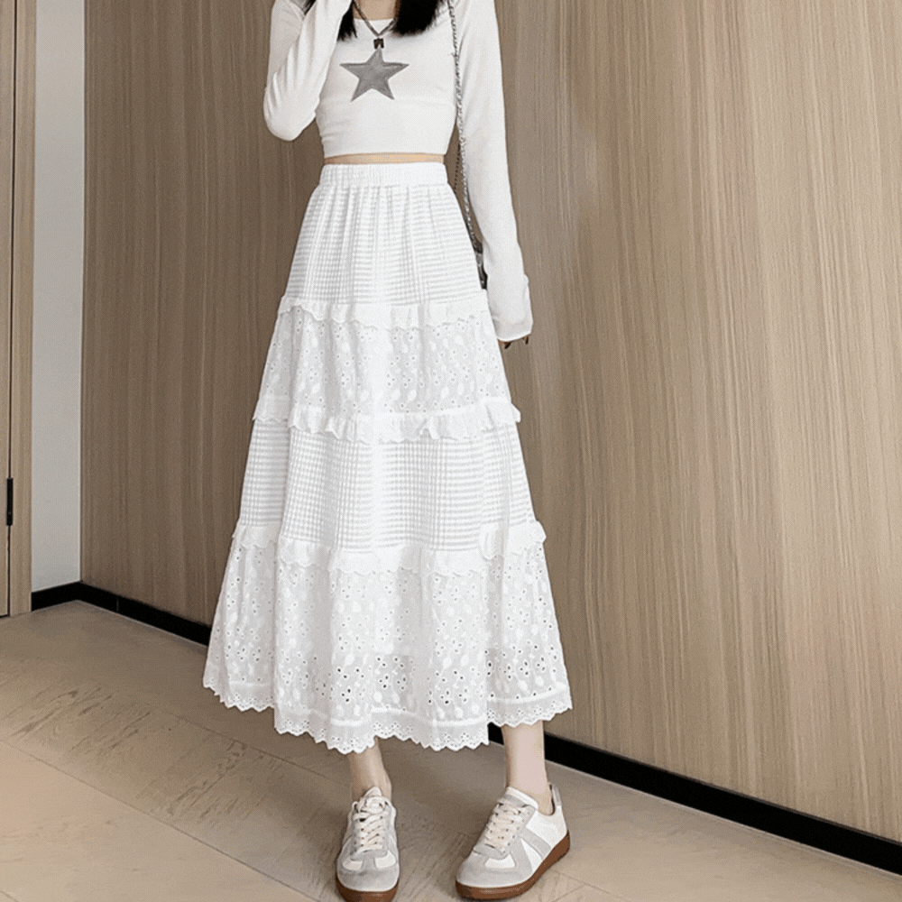 フリル×レース切り替え｜ホワイトティアードロングスカート