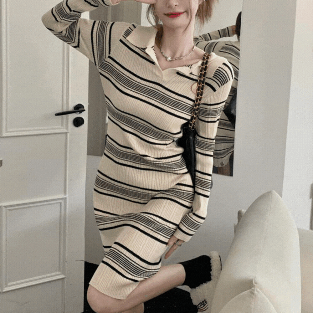 ストライプリブニットワンピース