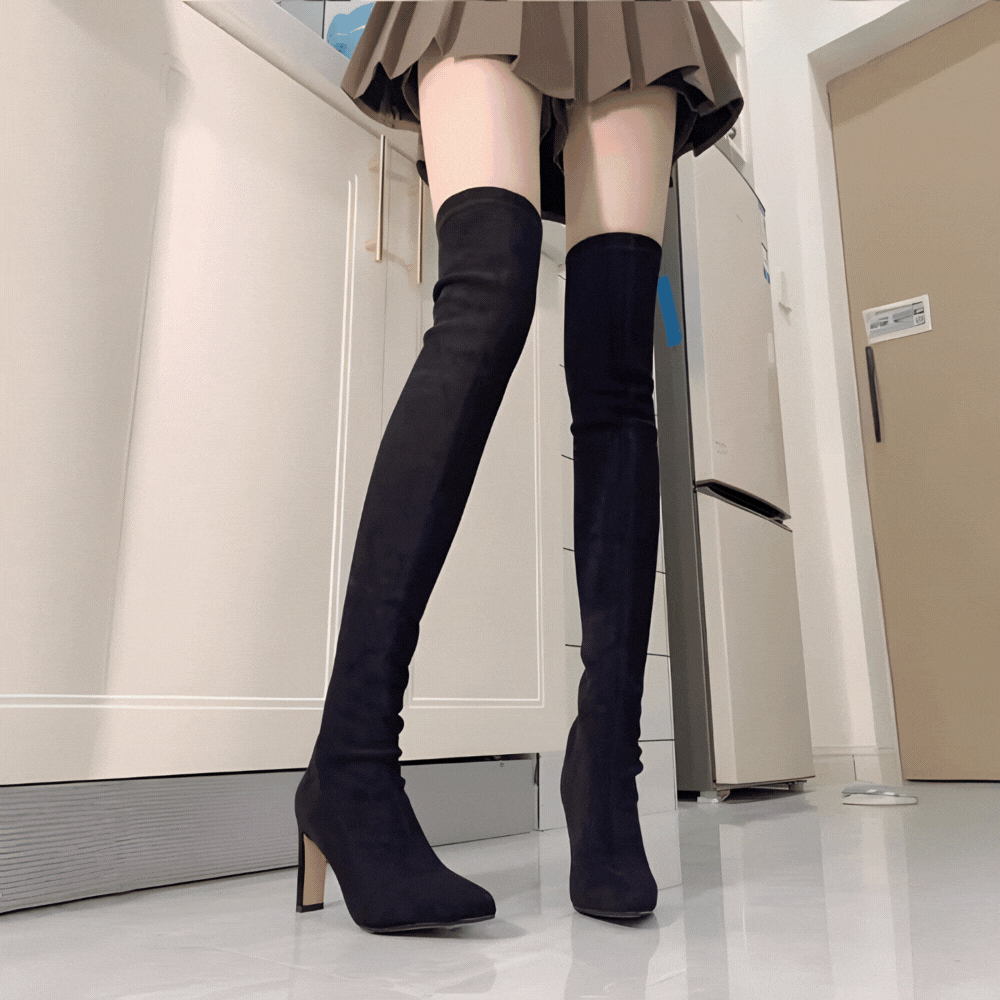 スエードハイヒールスリムニーハイブーツ