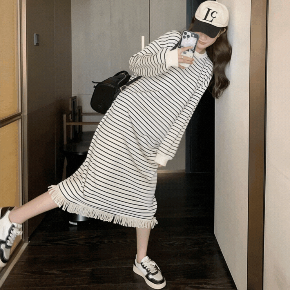 ラフかわボーダー｜フリンジ付きロングワンピース