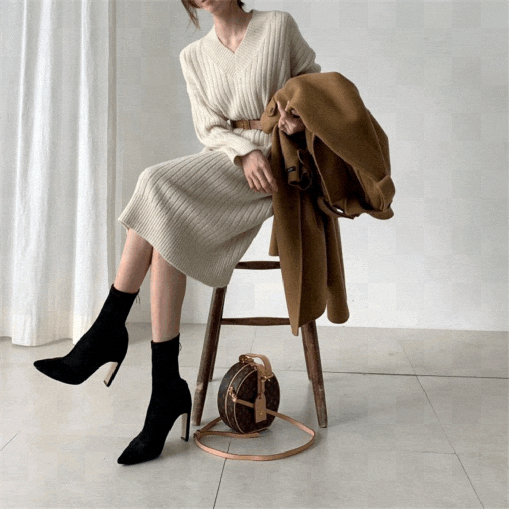 Vネック×ベルト付き｜リブニットワンピース