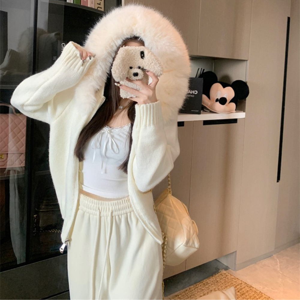 ファーフードニットブルゾン