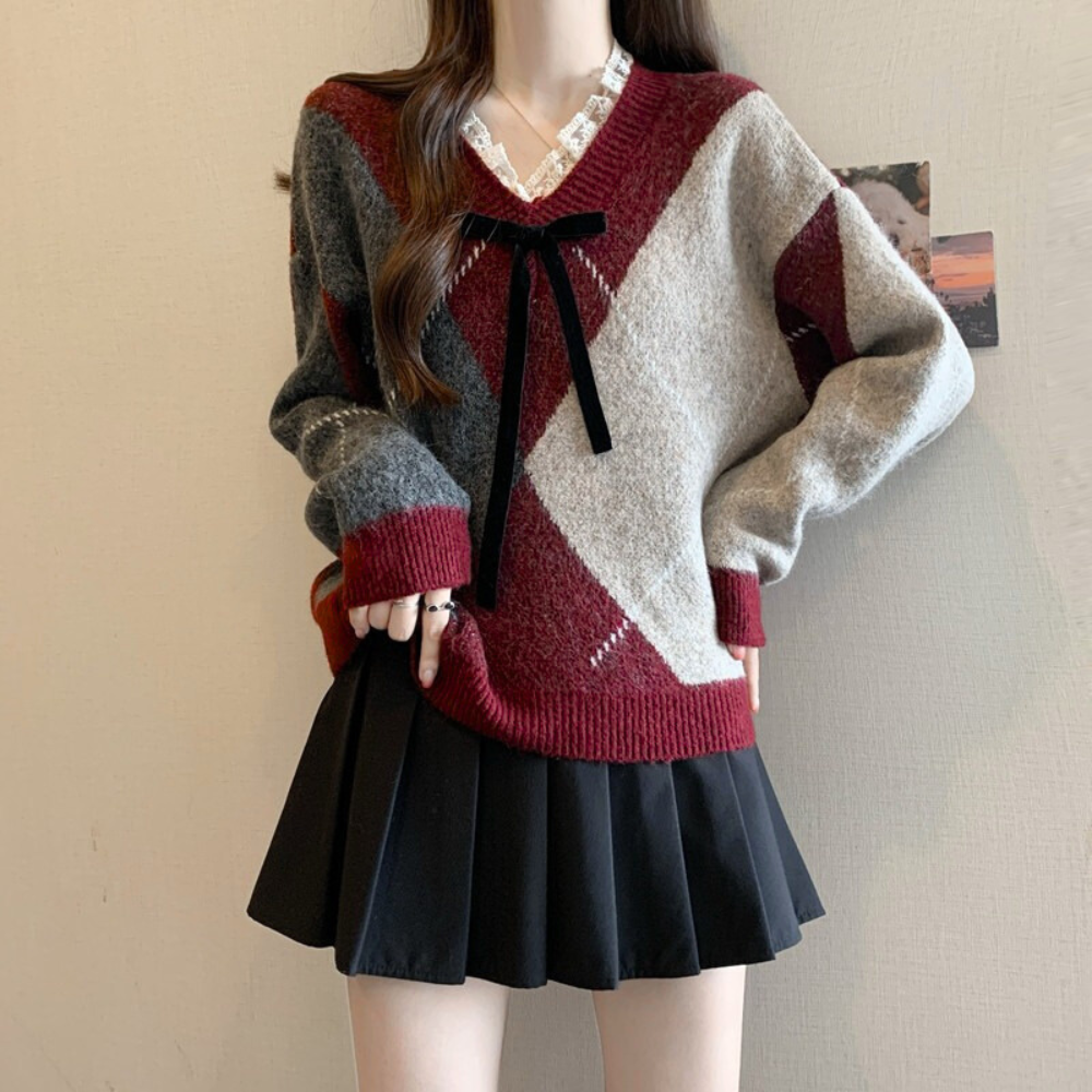 チェック柄リボン付き｜ゆったりVネックニットトップス