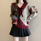 チェック柄リボン付き｜ゆったりVネックニットトップス