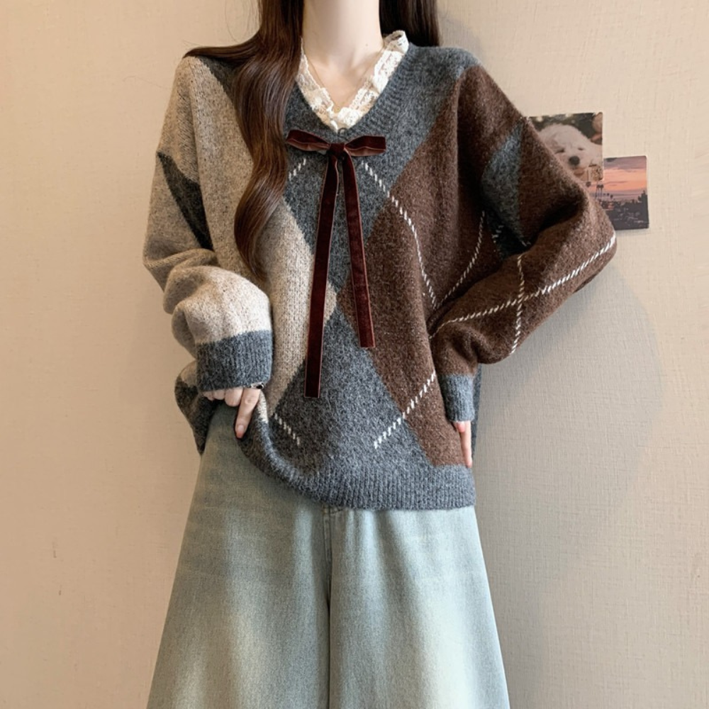 チェック柄リボン付き｜ゆったりVネックニットトップス