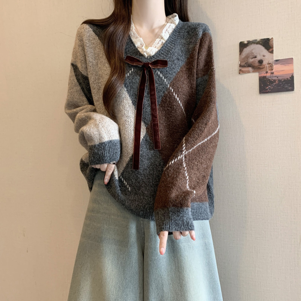 チェック柄リボン付き｜ゆったりVネックニットトップス