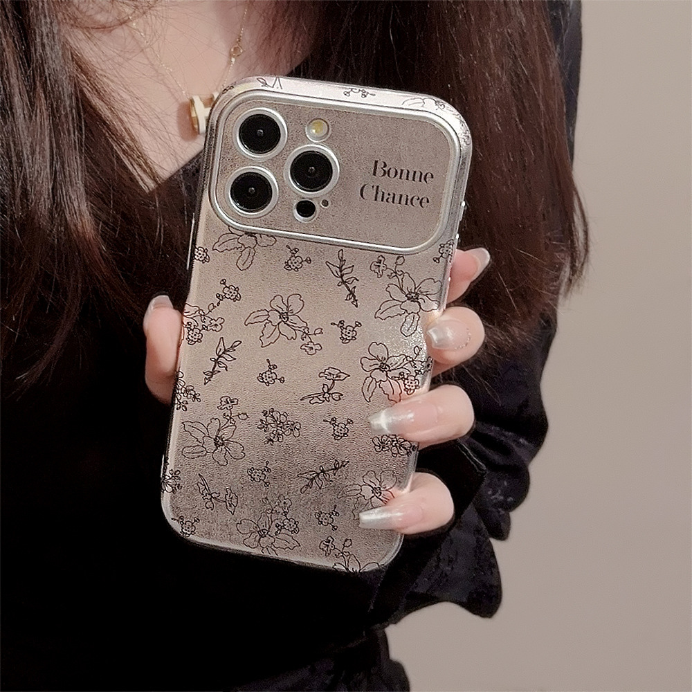 フラワーパターン｜レザー調シルバーiPhoneケース