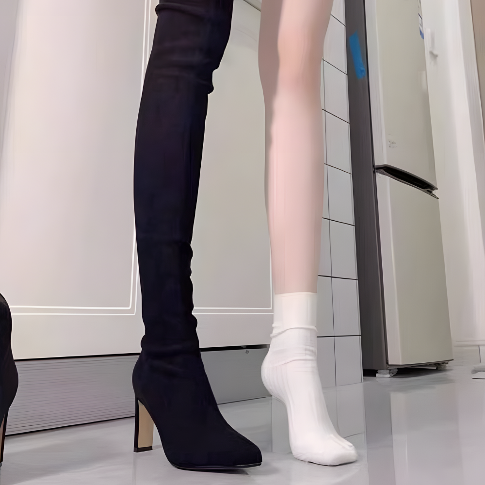 スエードハイヒールスリムニーハイブーツ