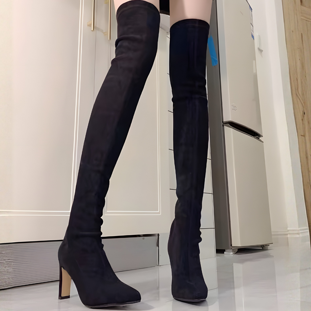 スエードハイヒールスリムニーハイブーツ