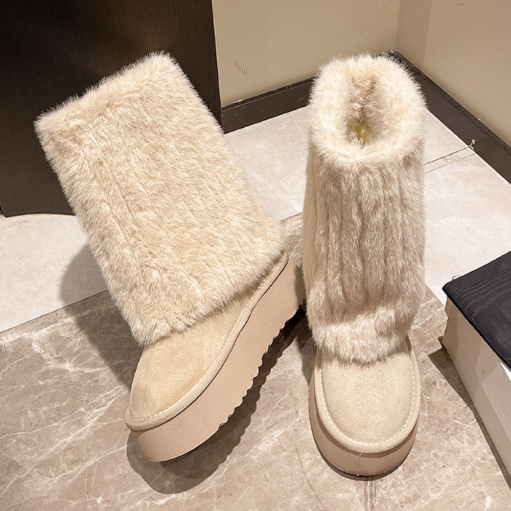 ボリュームファー厚底ロングブーツ