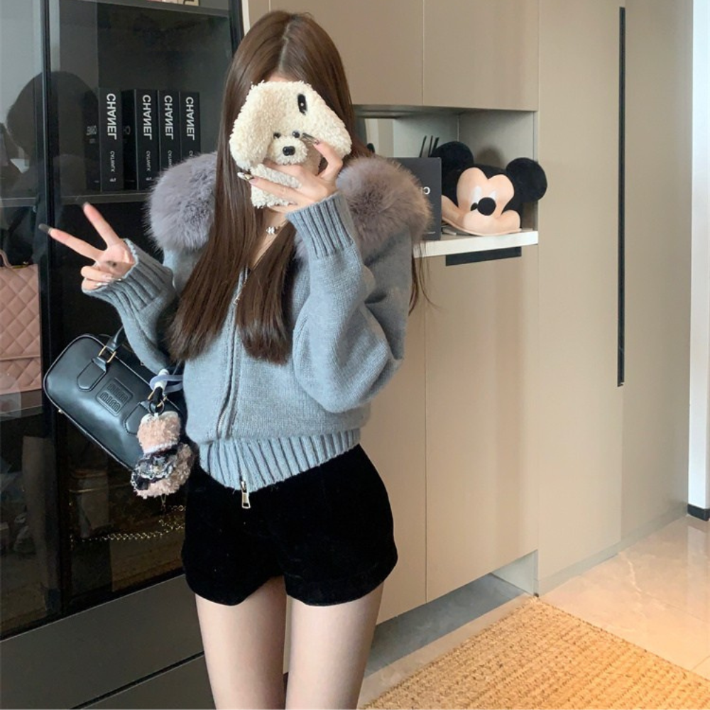 ファーフードニットブルゾン