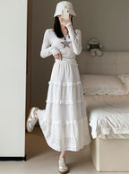 フリル×レース切り替え｜ホワイトティアードロングスカート