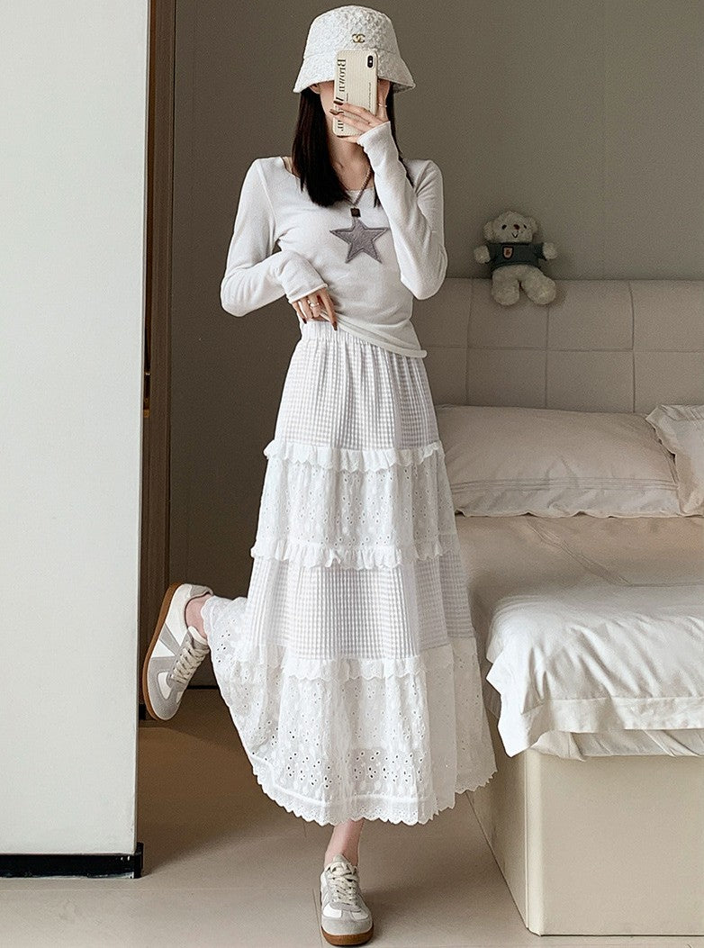 フリル×レース切り替え｜ホワイトティアードロングスカート