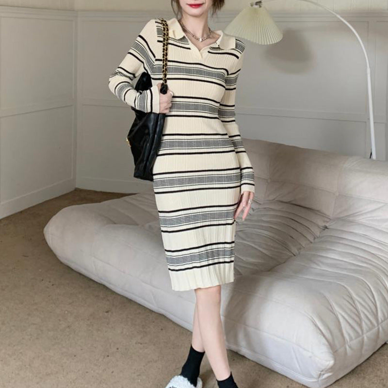 ストライプリブニットワンピース