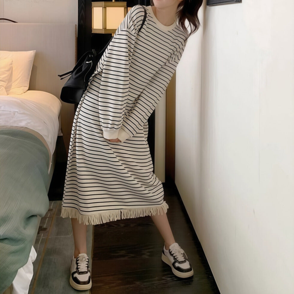 ラフかわボーダー｜フリンジ付きロングワンピース