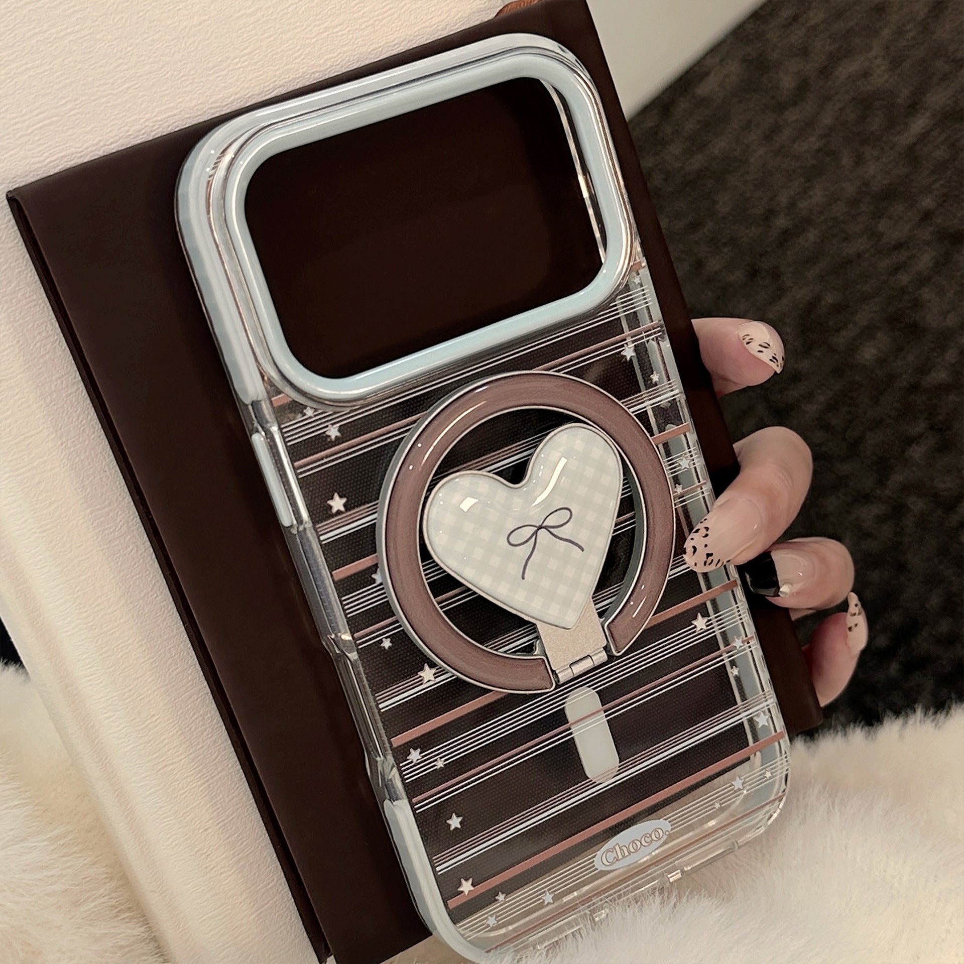 クリアギンガムハートスタンドiPhoneケース