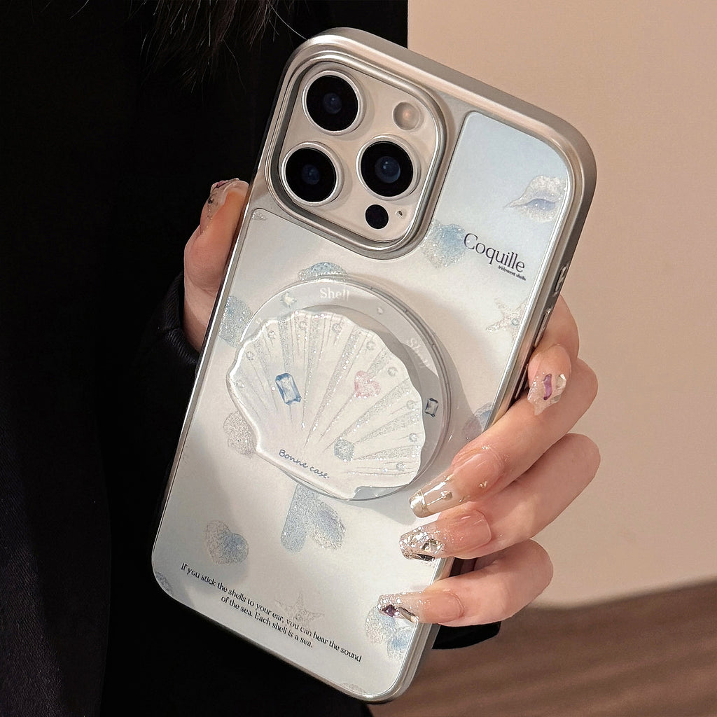 【MagSafe対応】シェルモチーフ＆キラきらラメ｜グリップ付きiPhoneケース