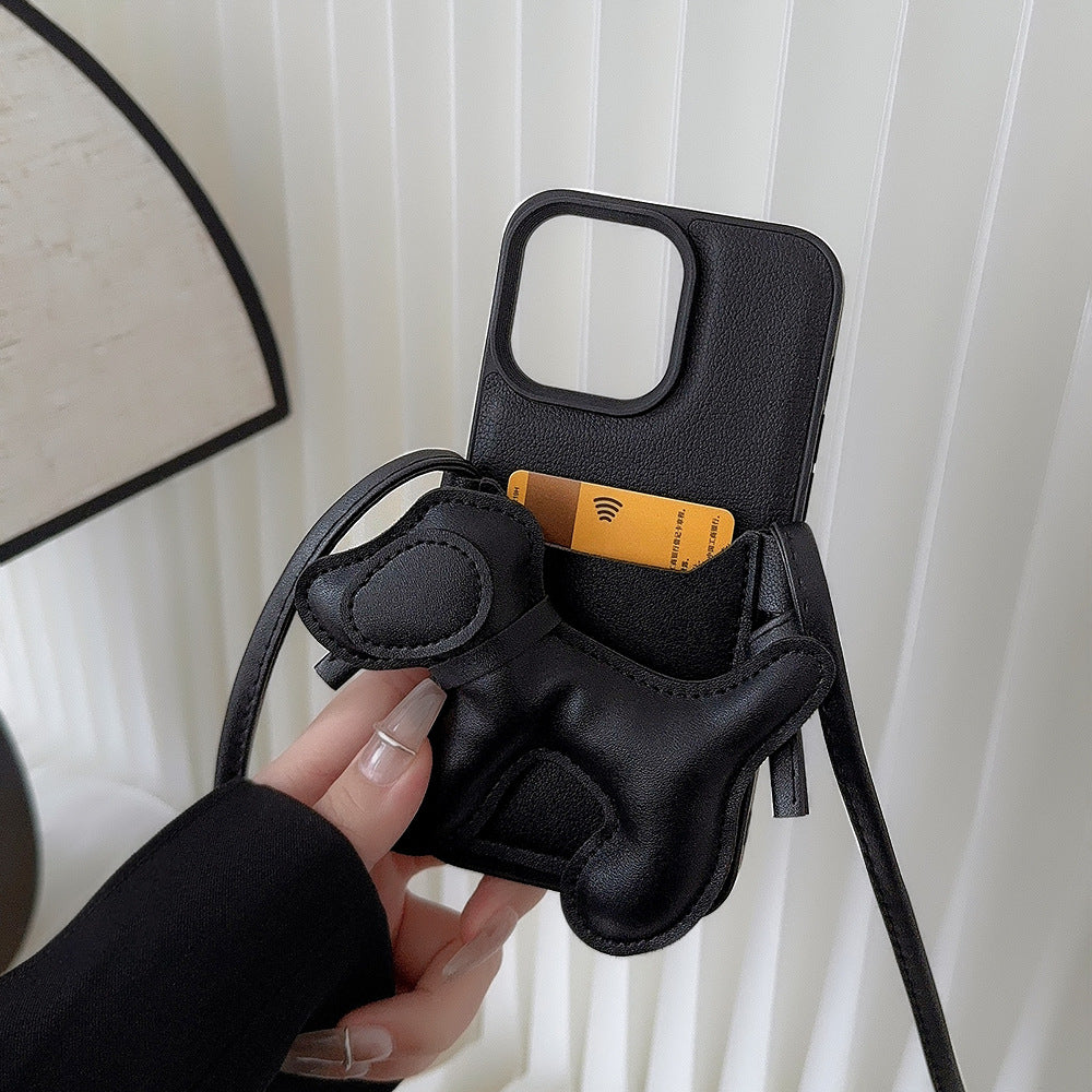 子犬チャーム付きショルダーiPhoneケース｜カード収納・ストラップ付き