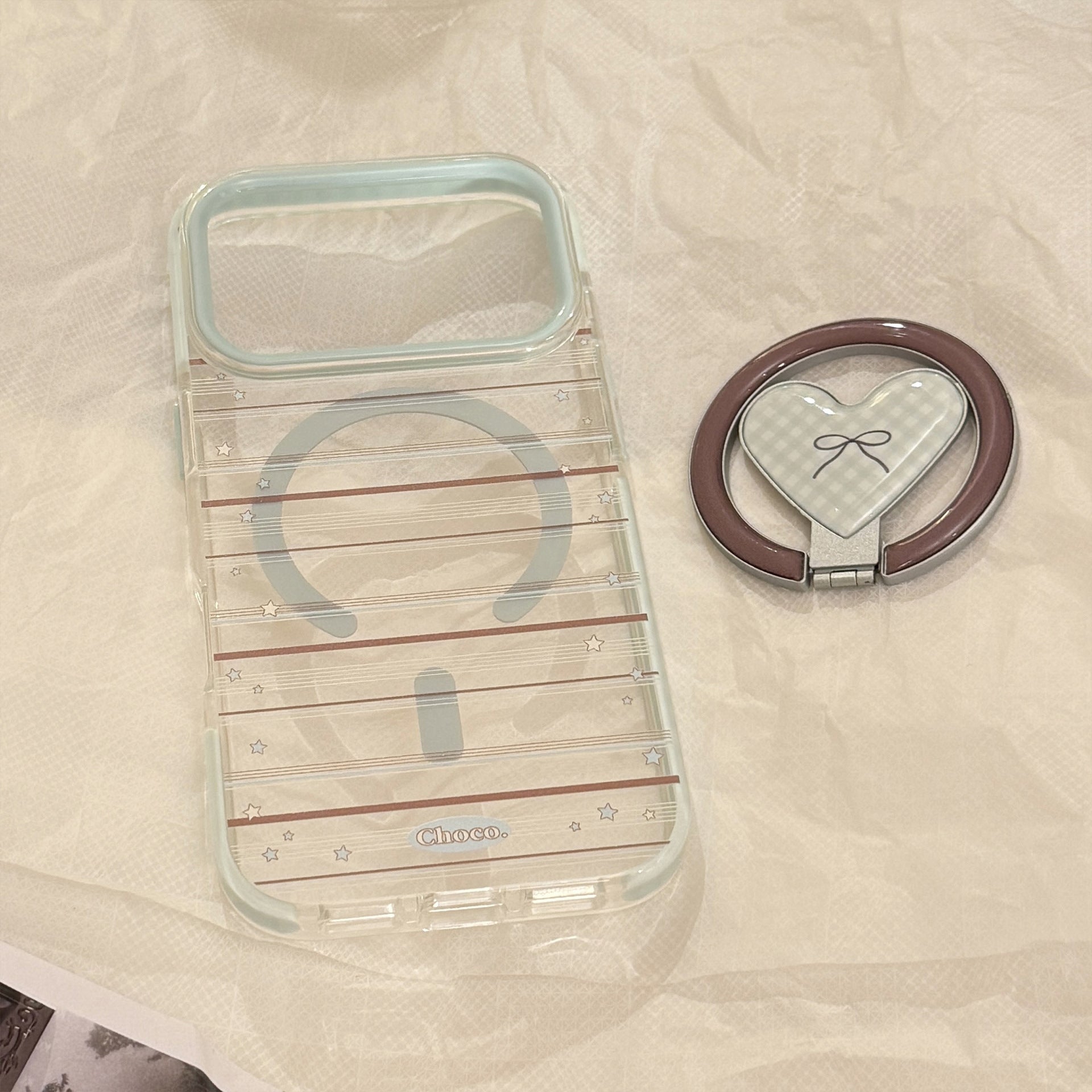 クリアギンガムハートスタンドiPhoneケース