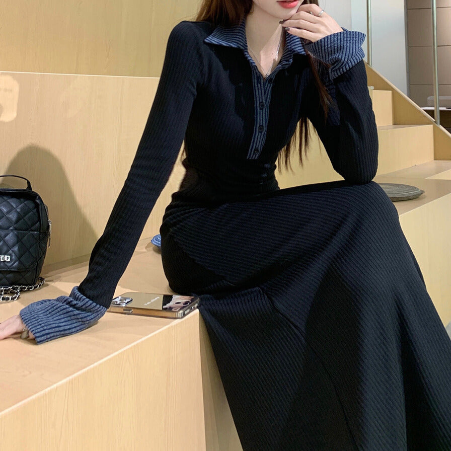 バイカラーカフ＆襟｜リブロングワンピース