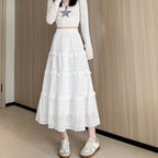 フリル×レース切り替え｜ホワイトティアードロングスカート
