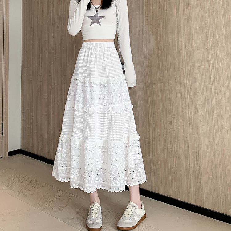 フリル×レース切り替え｜ホワイトティアードロングスカート