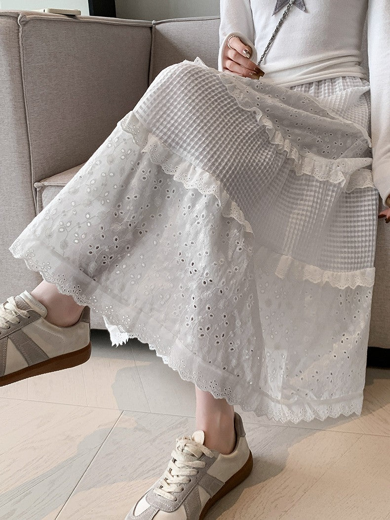 フリル×レース切り替え｜ホワイトティアードロングスカート