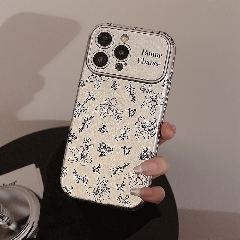 フラワーパターン｜レザー調シルバーiPhoneケース