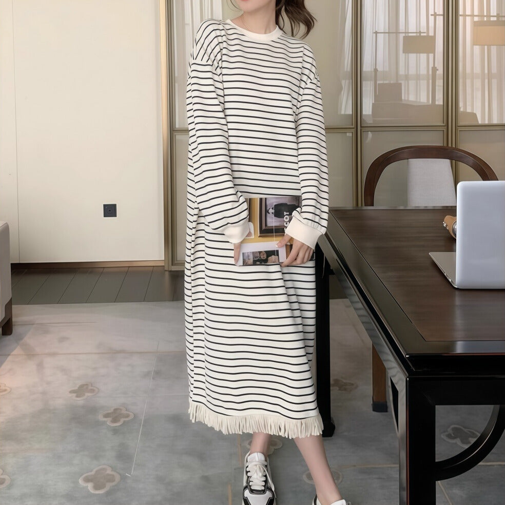 ラフかわボーダー｜フリンジ付きロングワンピース
