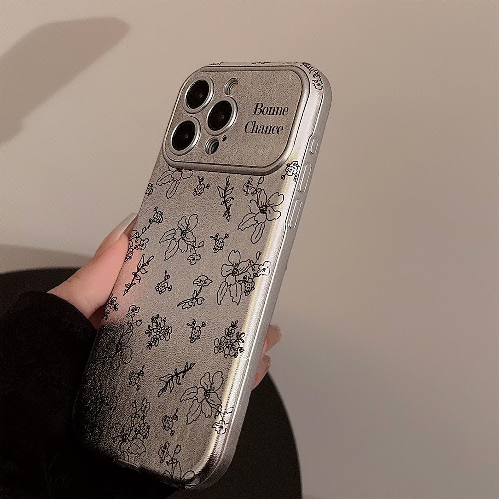 フラワーパターン｜レザー調シルバーiPhoneケース