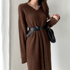 Vネック×ベルト付き｜リブニットワンピース