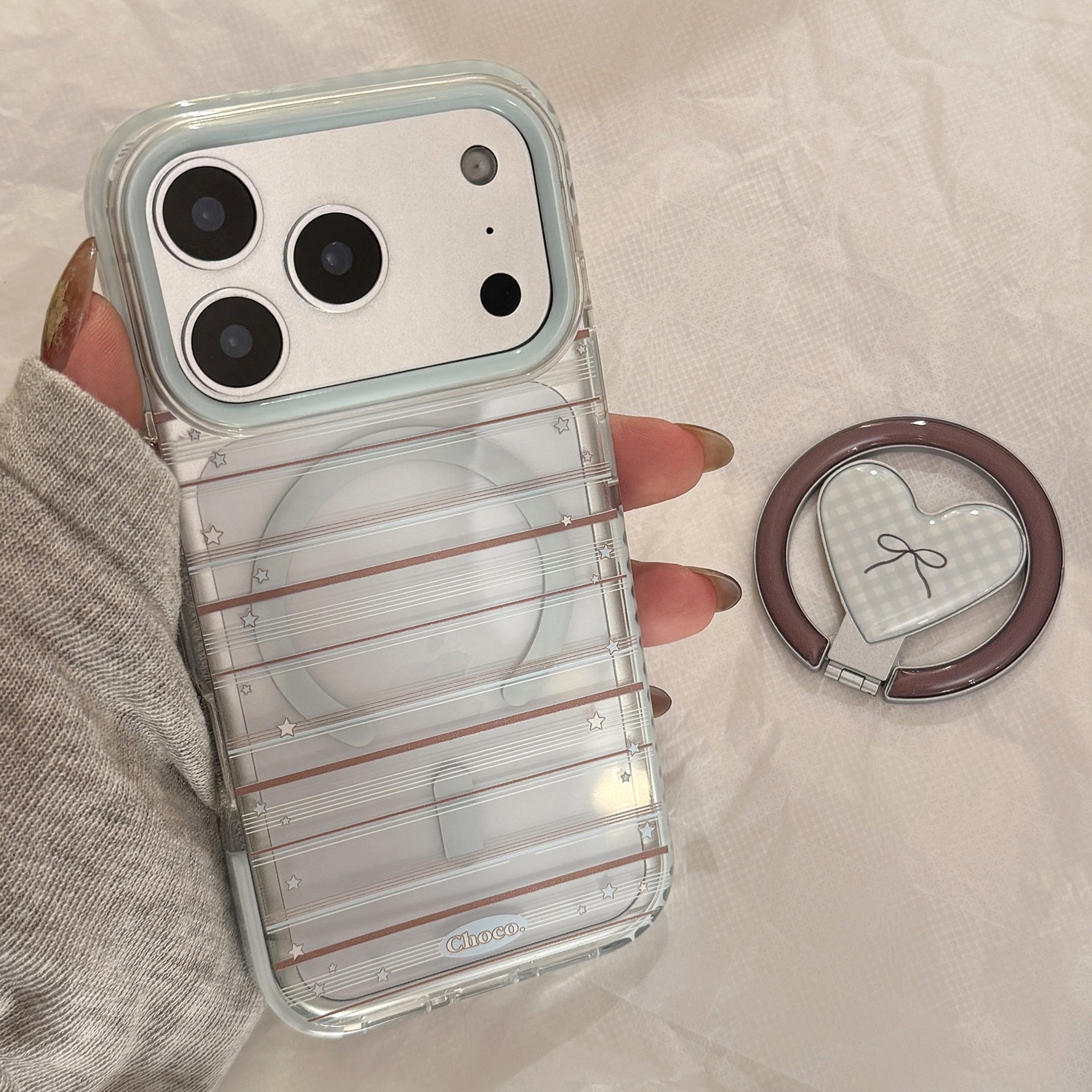 クリアギンガムハートスタンドiPhoneケース