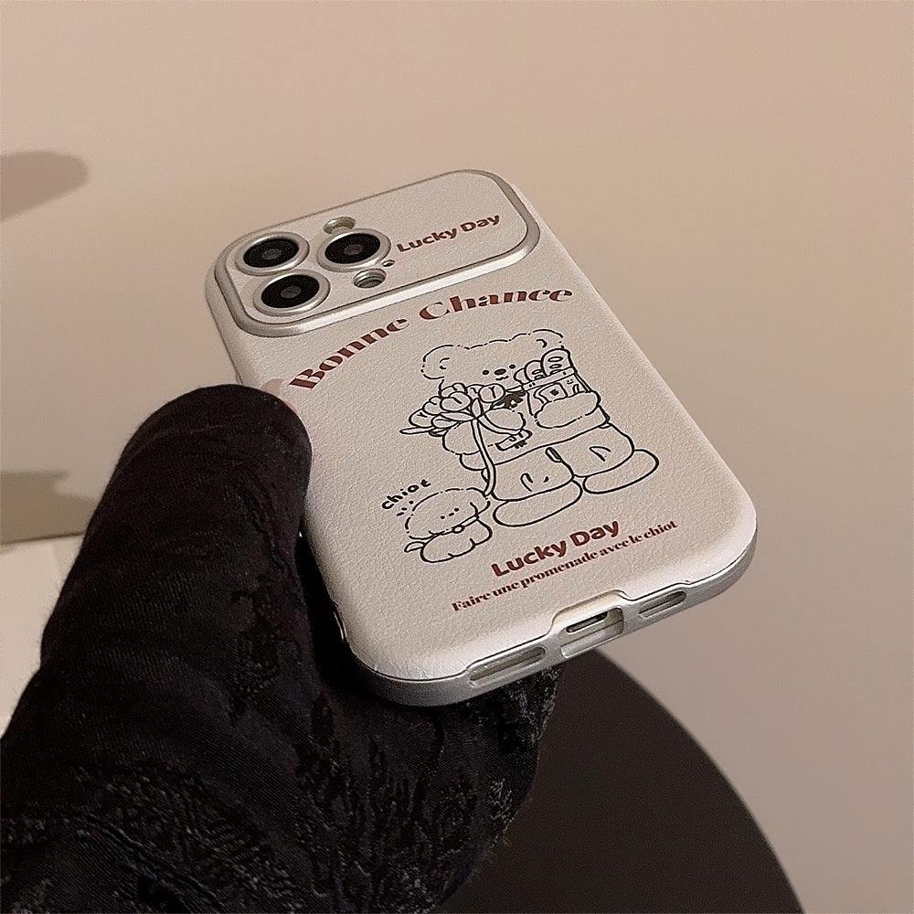 くま＆子犬イラスト｜レザー調ホワイトiPhoneケース