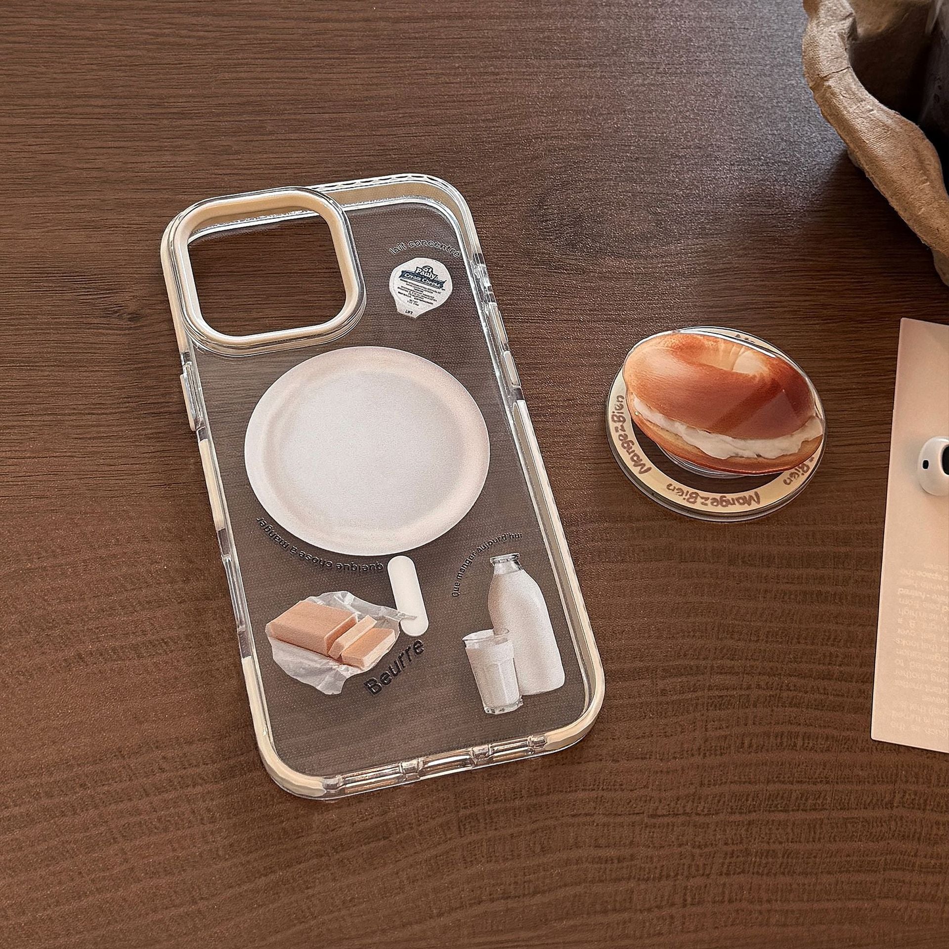 【MagSafe対応】ベーグルスタンド付き｜カフェ風iPhoneケース