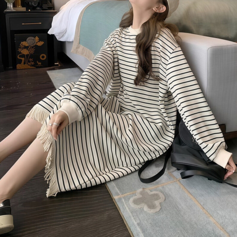 ラフかわボーダー｜フリンジ付きロングワンピース