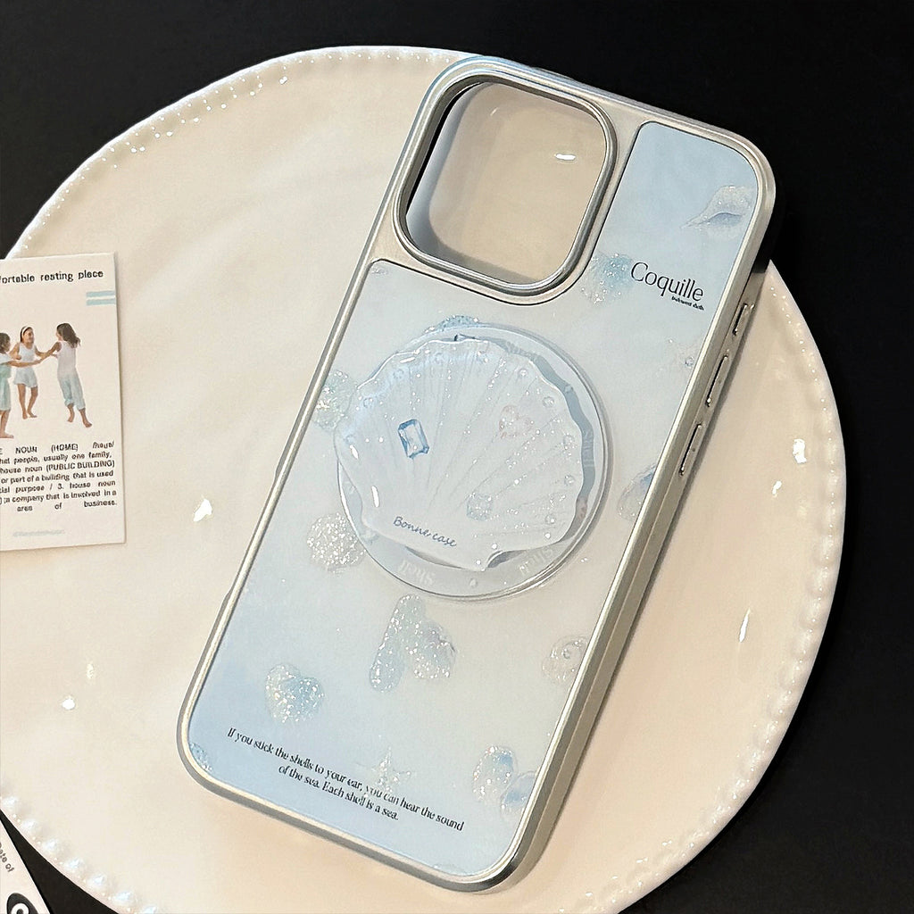 【MagSafe対応】シェルモチーフ＆キラきらラメ｜グリップ付きiPhoneケース