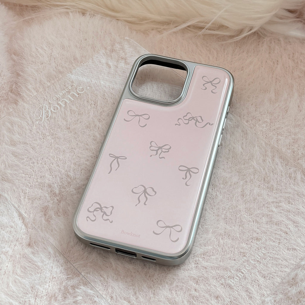 リボン柄プリント｜シルバーフレームiPhoneケース