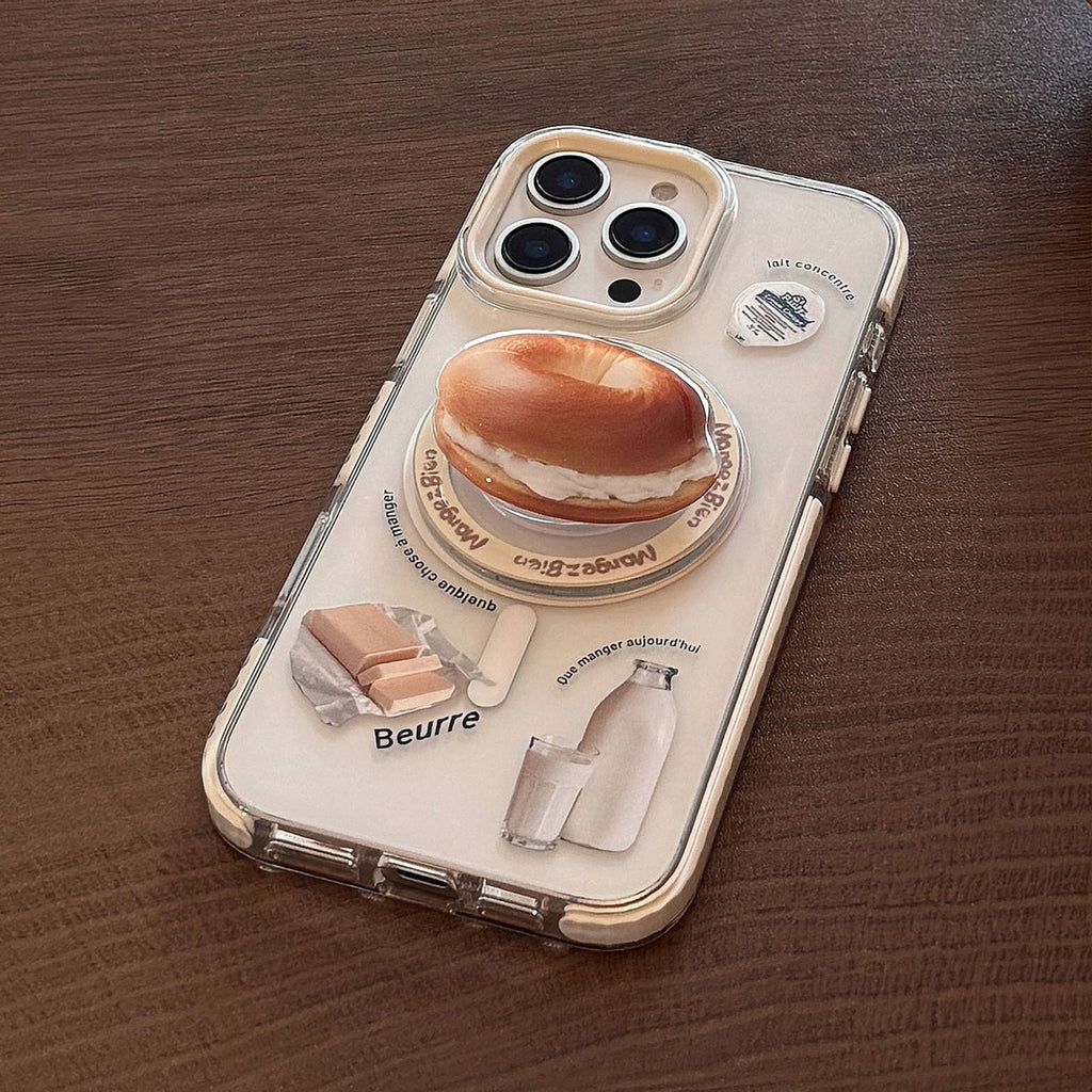 【MagSafe対応】ベーグルスタンド付き｜カフェ風iPhoneケース