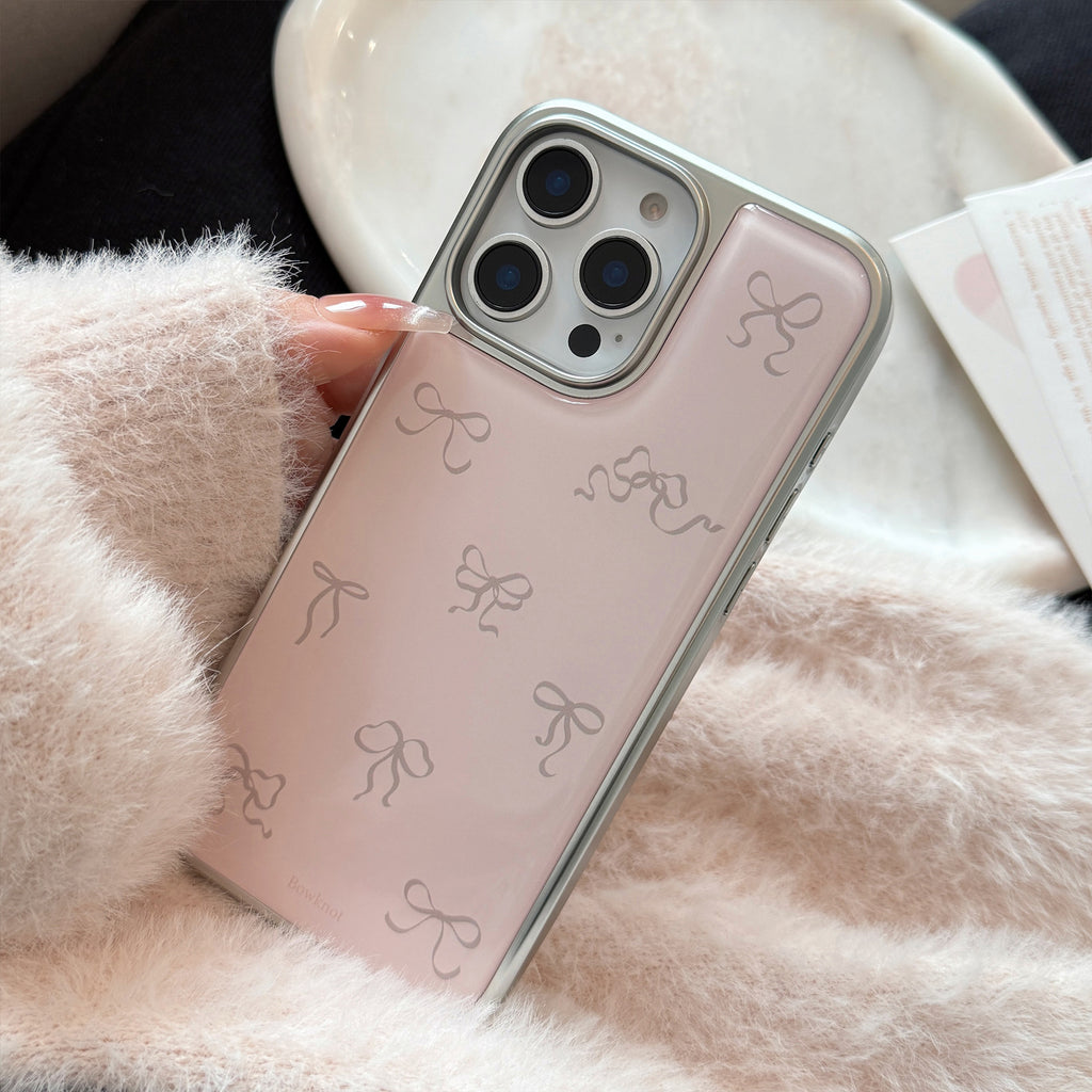 リボン柄プリント｜シルバーフレームiPhoneケース