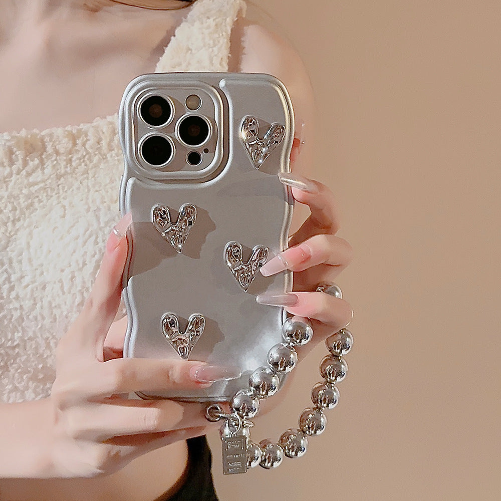 立体ハート×メタリックチャーム｜シルバーiPhoneケース